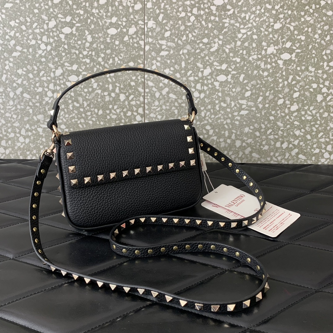 Valentino Garavani Rockstud Small Shoulder Bag in Black Grainy Calfskin